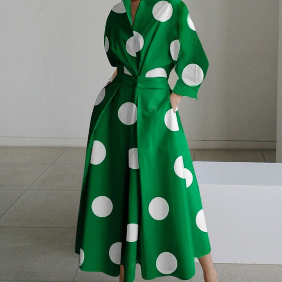 Women's Collared Maxi Shirt Dress Long Sleeve Newspaper Print - Green Polka Dot