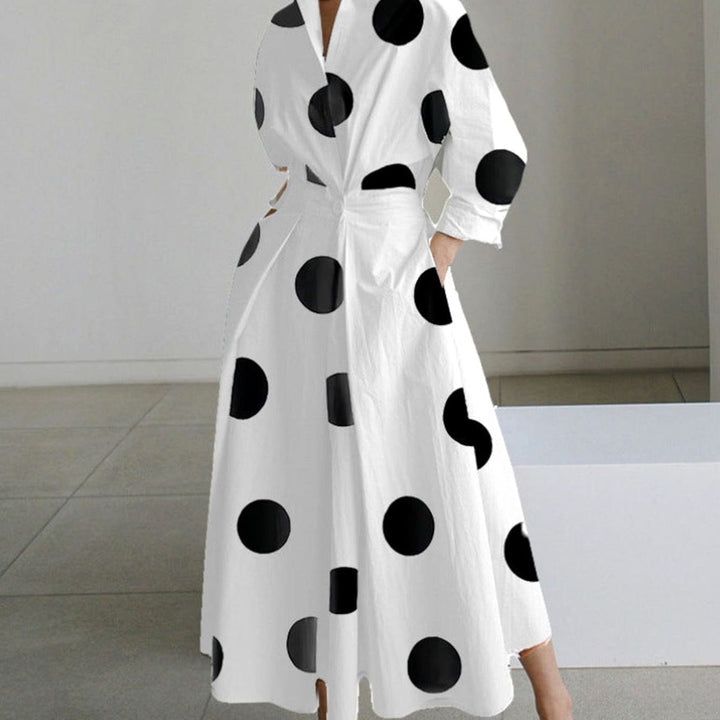 Women's Collared Maxi Shirt Dress Long Sleeve Newspaper Print - White Polka Dot