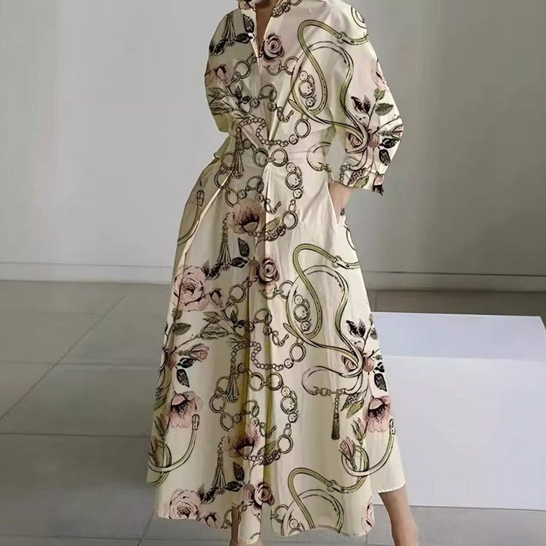 Women's Collared Maxi Shirt Dress Long Sleeve Newspaper Print - Gold Chain Print