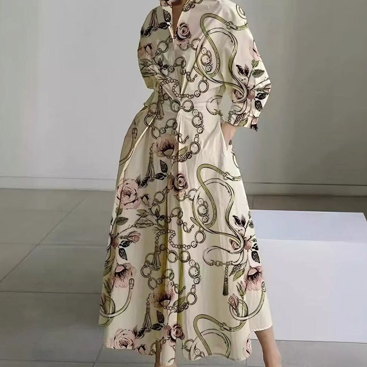 Women's Collared Maxi Shirt Dress Long Sleeve Newspaper Print - Gold Chain Print
