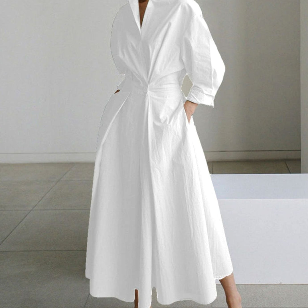 Women's Collared Maxi Shirt Dress Long Sleeve Newspaper Print - White