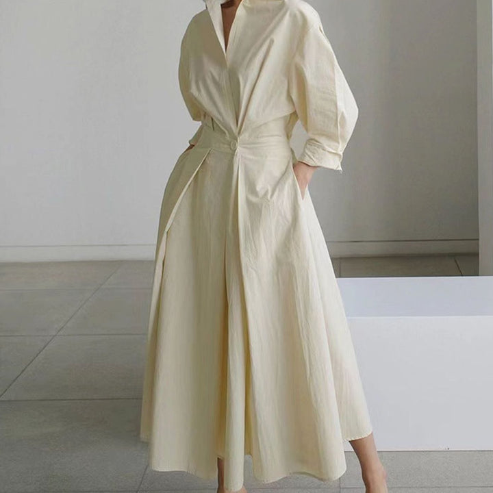 Women's Collared Maxi Shirt Dress Long Sleeve Newspaper Print - Apricot