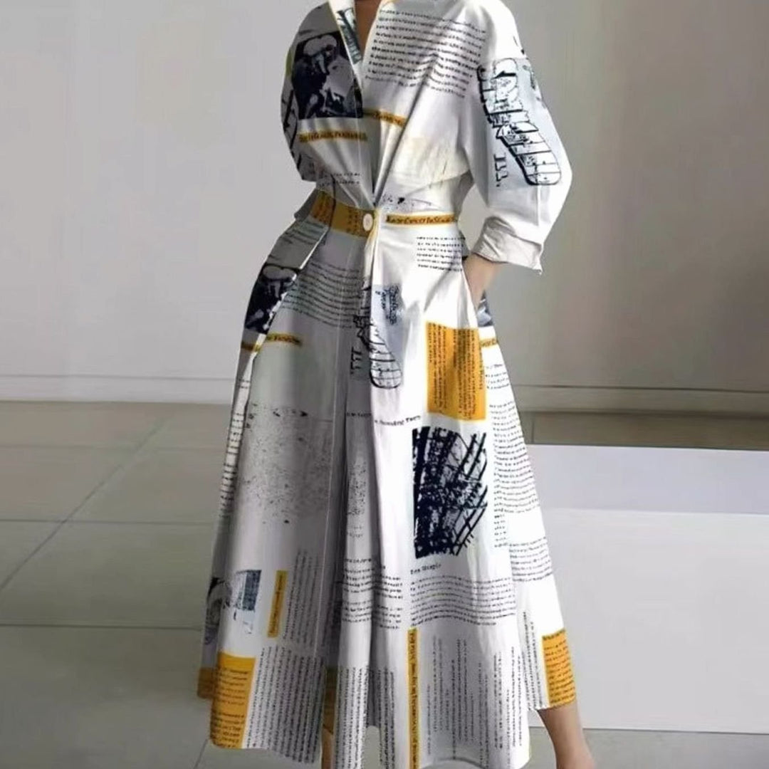 Women's Collared Maxi Shirt Dress Long Sleeve Newspaper Print - Yellow Newspaper Print
