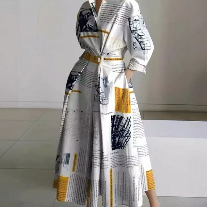 Women's Collared Maxi Shirt Dress Long Sleeve Newspaper Print - Yellow Newspaper Print