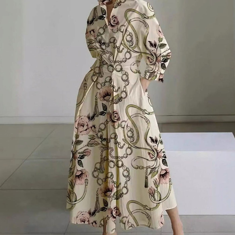 Women's Collared Maxi Shirt Dress Long Sleeve Newspaper Print
