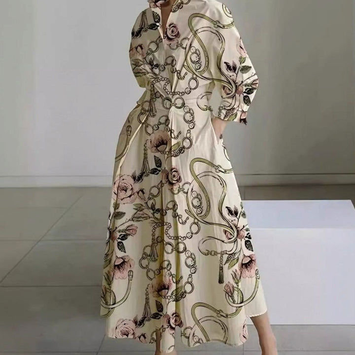 Women's Collared Maxi Shirt Dress Long Sleeve Newspaper Print