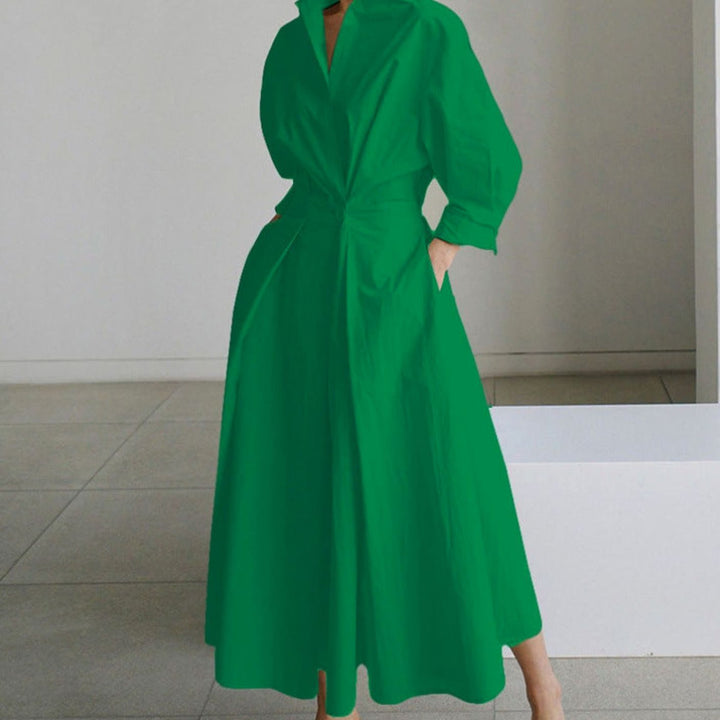 Women's Collared Maxi Shirt Dress Long Sleeve Newspaper Print - Green