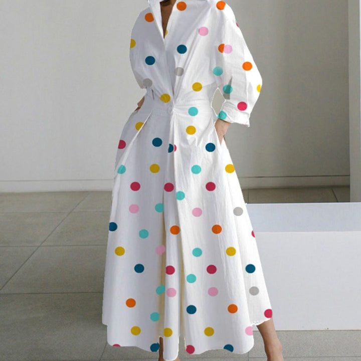 Women's Collared Maxi Shirt Dress Long Sleeve Newspaper Print - Rainbow Polka Dot