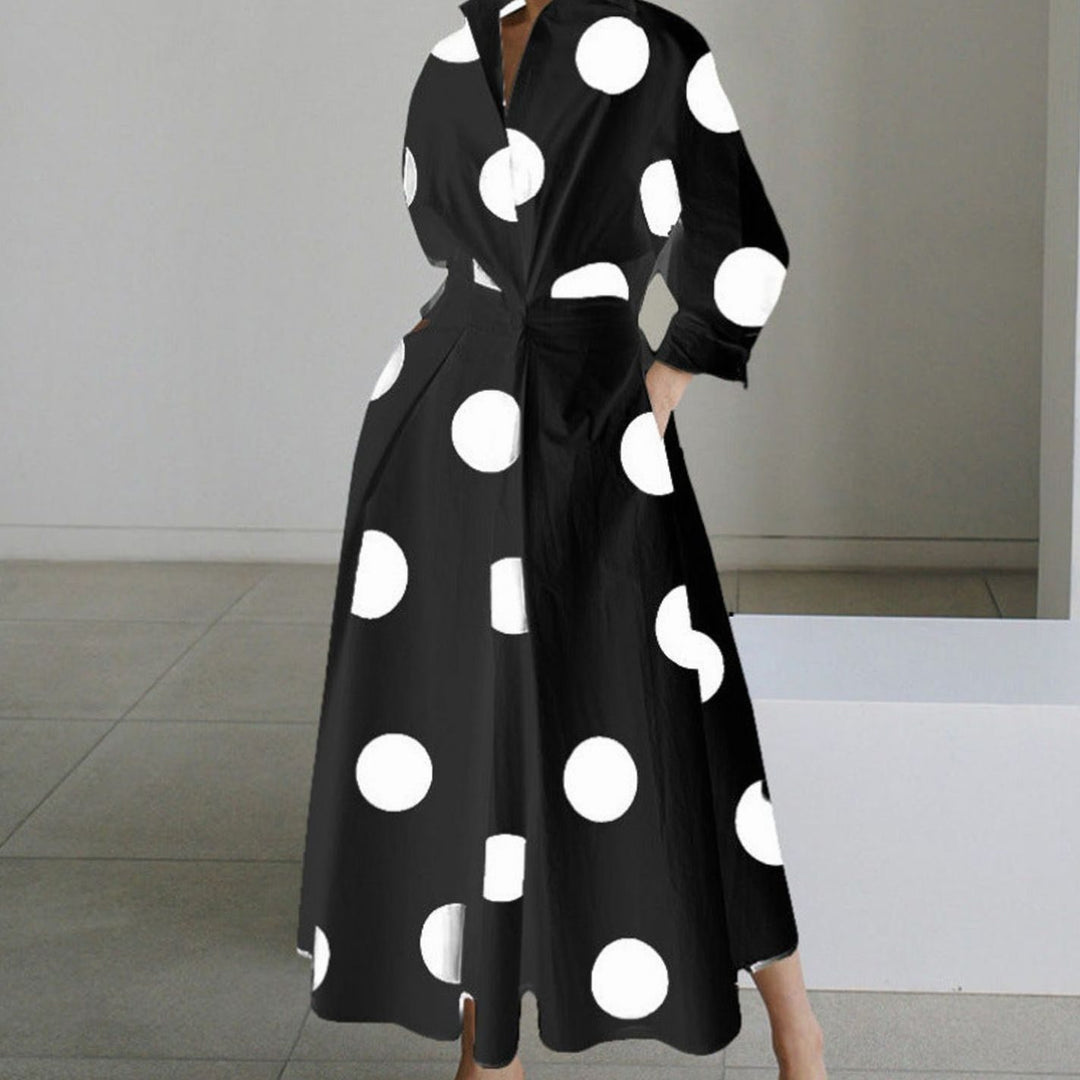 Women's Collared Maxi Shirt Dress Long Sleeve Newspaper Print - Black Polka Dot