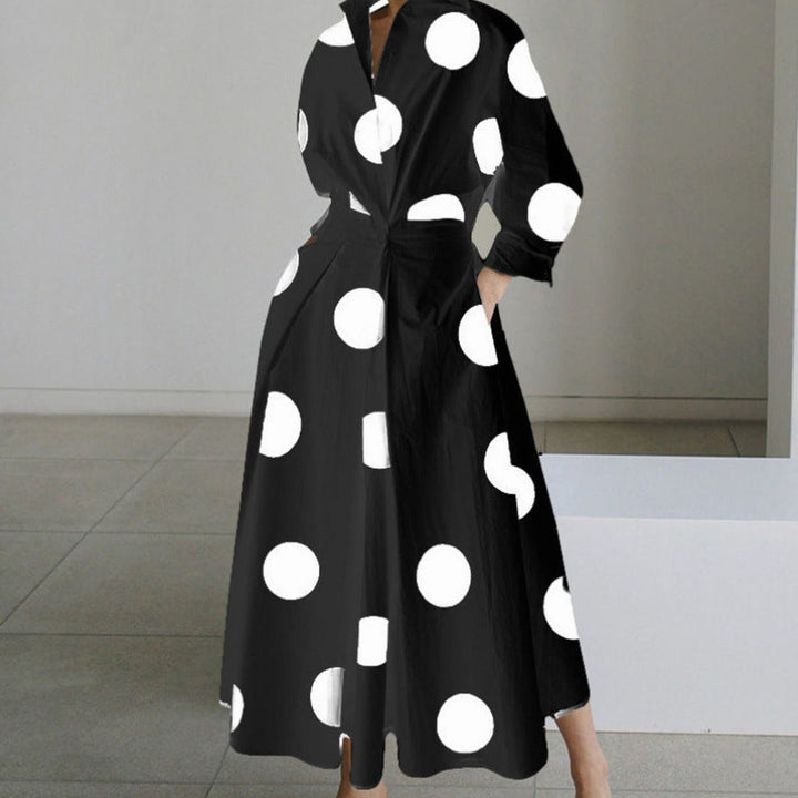 Women's Collared Maxi Shirt Dress Long Sleeve Newspaper Print - Black Polka Dot