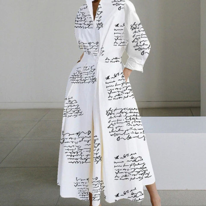 Women's Collared Maxi Shirt Dress Long Sleeve Newspaper Print - White Letter Print