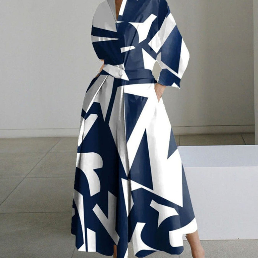 Women's Collared Maxi Shirt Dress Long Sleeve Newspaper Print - Blue Stripe