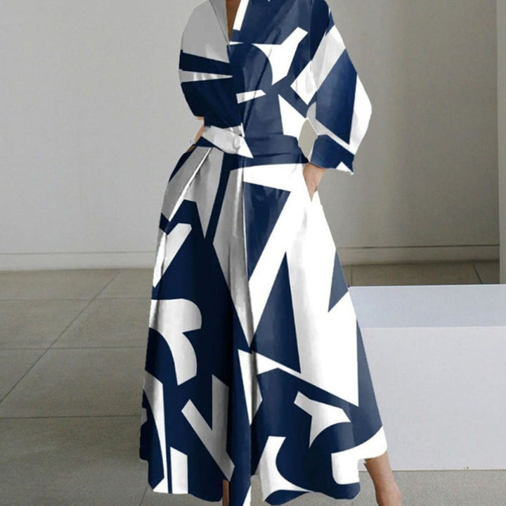 Women's Collared Maxi Shirt Dress Long Sleeve Newspaper Print - Blue Stripe