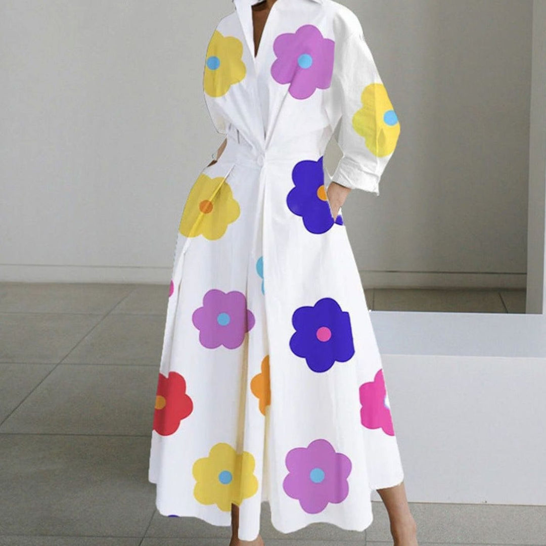 Women's Collared Maxi Shirt Dress Long Sleeve Newspaper Print - White Floral