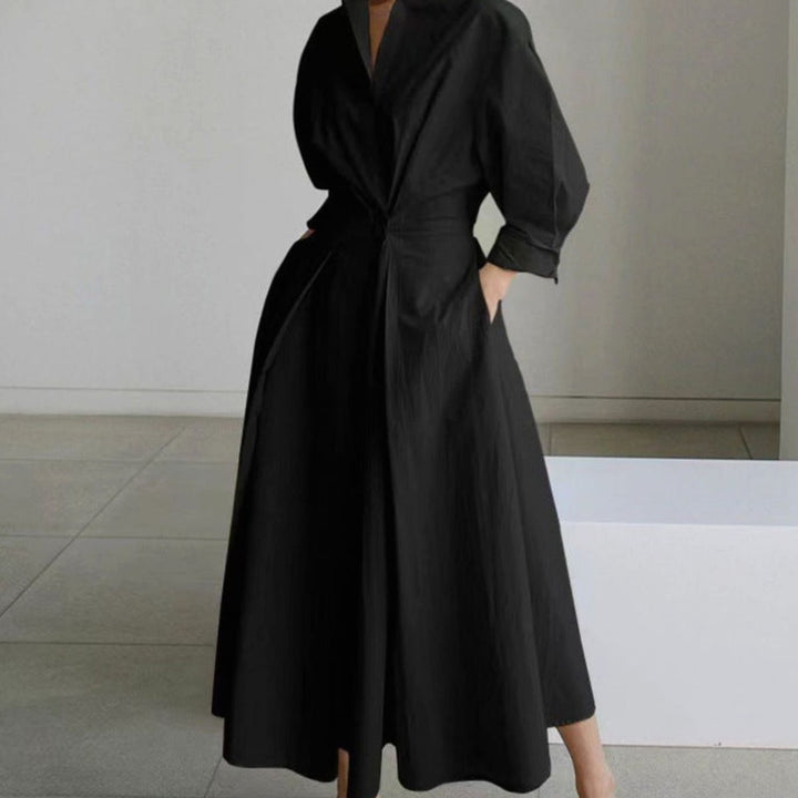 Women's Collared Maxi Shirt Dress Long Sleeve Newspaper Print - Black