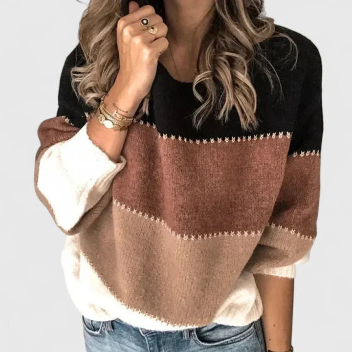 Women's Color Block Striped Knit Pullover Sweater - Khaki