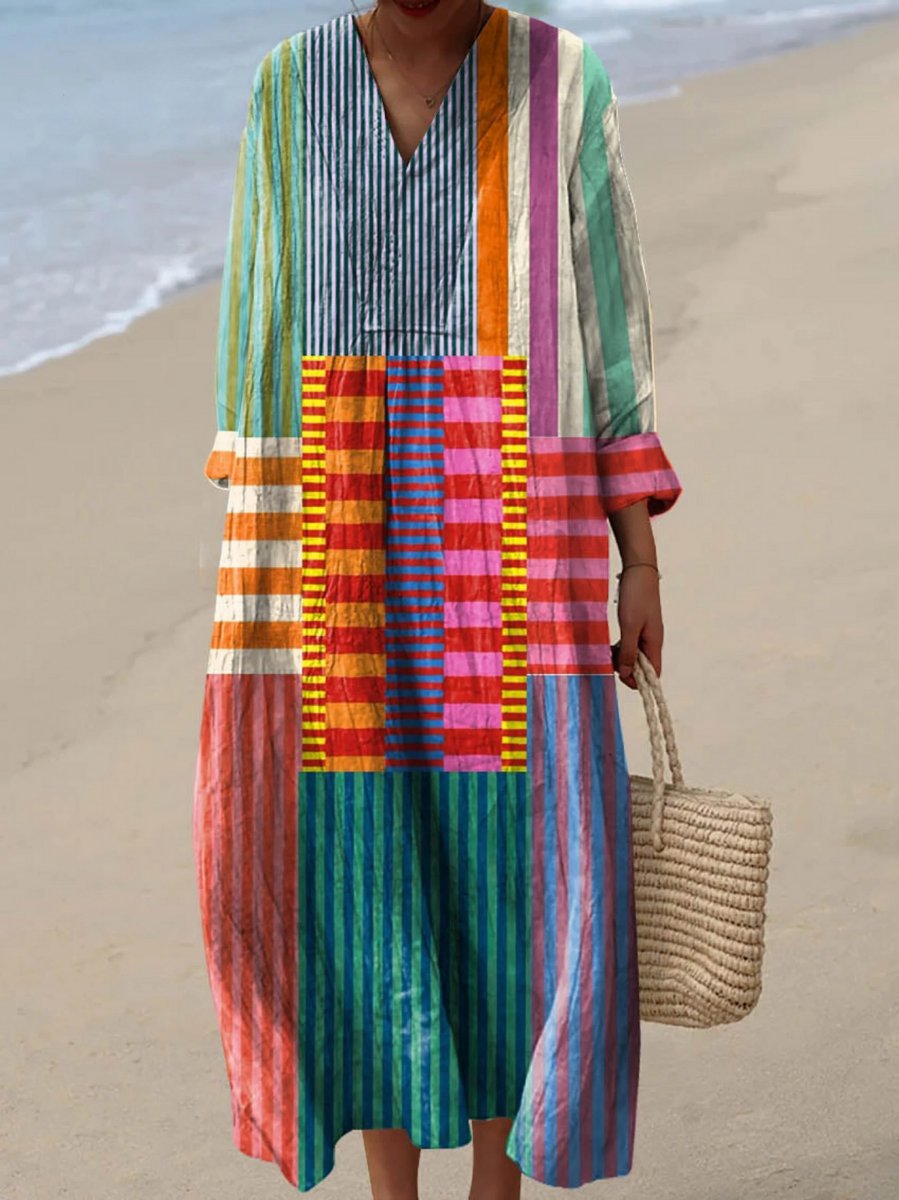 Women's Colorblock Striped Long Sleeve Oversized Dress - Multicolor