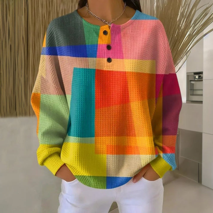 Women's Colorblock Waffle-Knit Long Sleeve Button Pullover Sweater