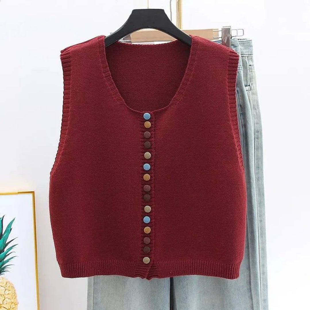 Women's Colorful Button Sleeveless Knit Sweater Vest - Burgundy