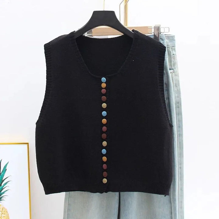 Women's Colorful Button Sleeveless Knit Sweater Vest - Black