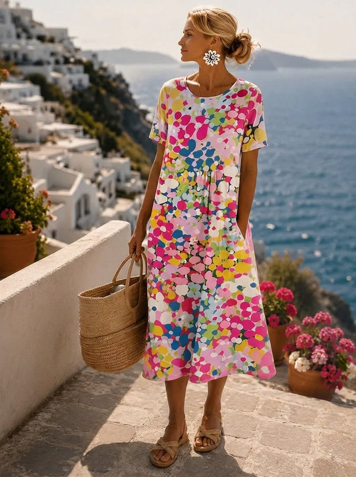 Women's Colorful Floral Print Short Sleeve Midi Dress - Pink