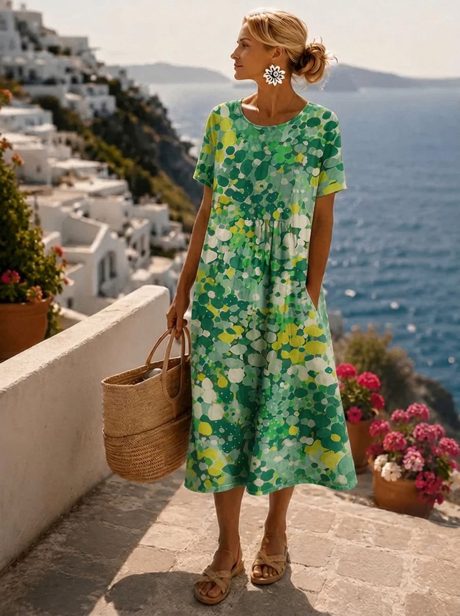 Women's Colorful Floral Print Short Sleeve Midi Dress - Green