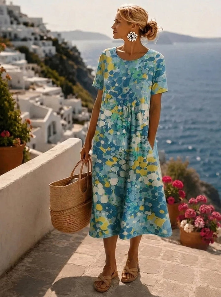 Women's Colorful Floral Print Short Sleeve Midi Dress - Blue