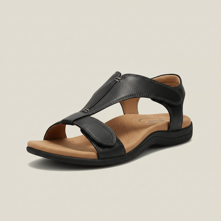 Women's Comfortable Sandals Open-Toe T-Strap Velcro Adjustable - Diepzwart