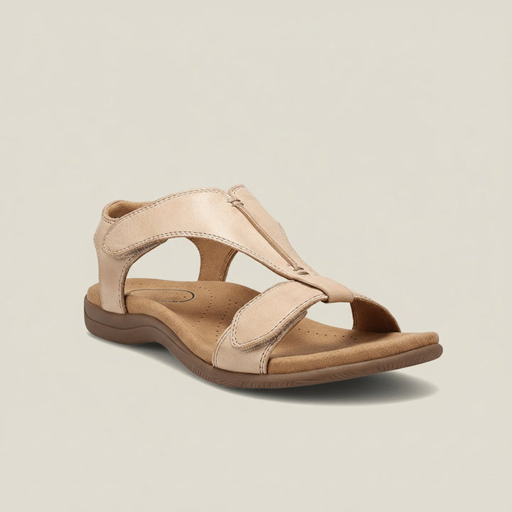 Women's Comfortable Sandals Open-Toe T-Strap Velcro Adjustable - Nude Beige