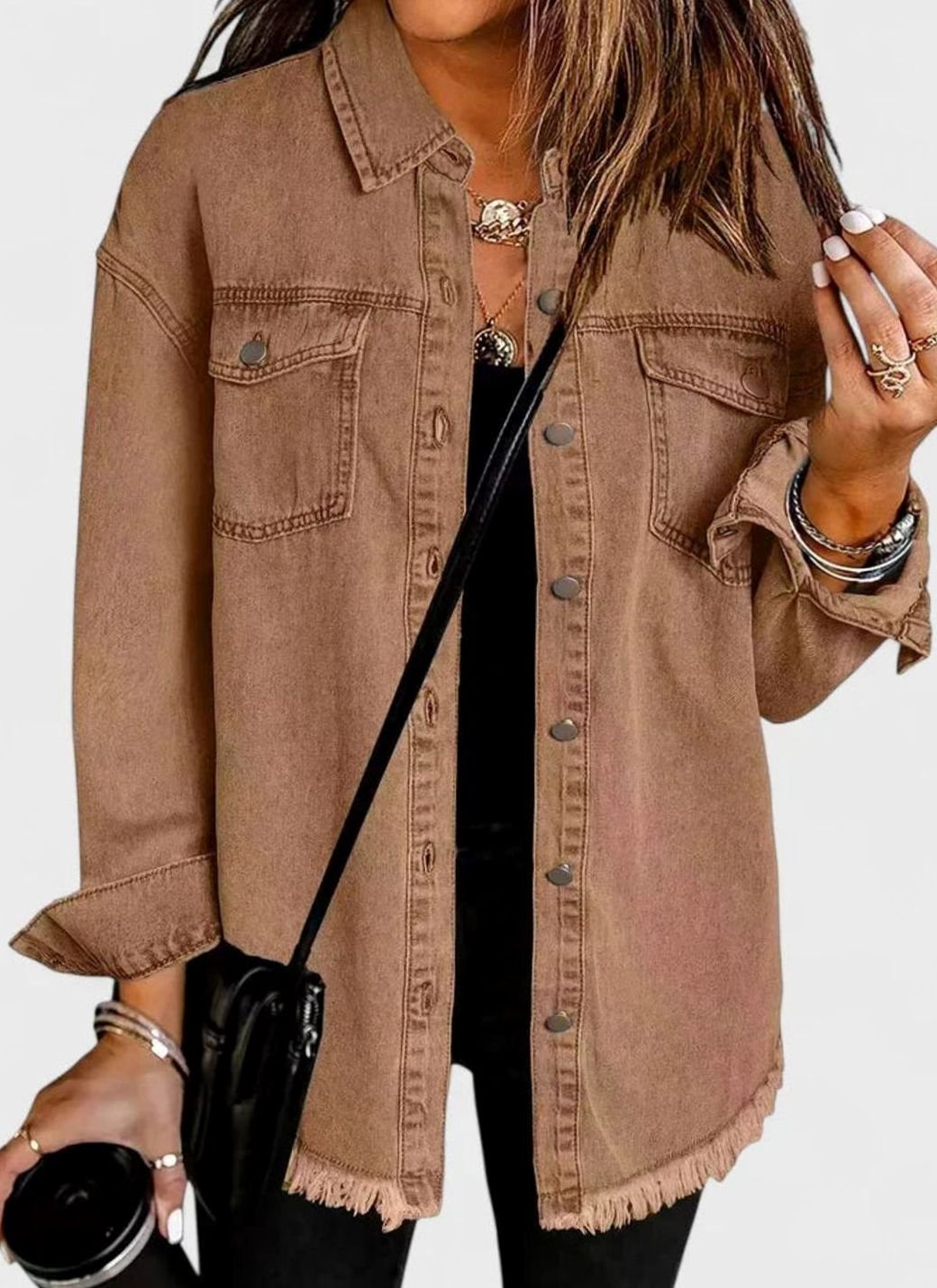 Women's Comfortable Winter Coat Oversized Denim Shacket - Brown