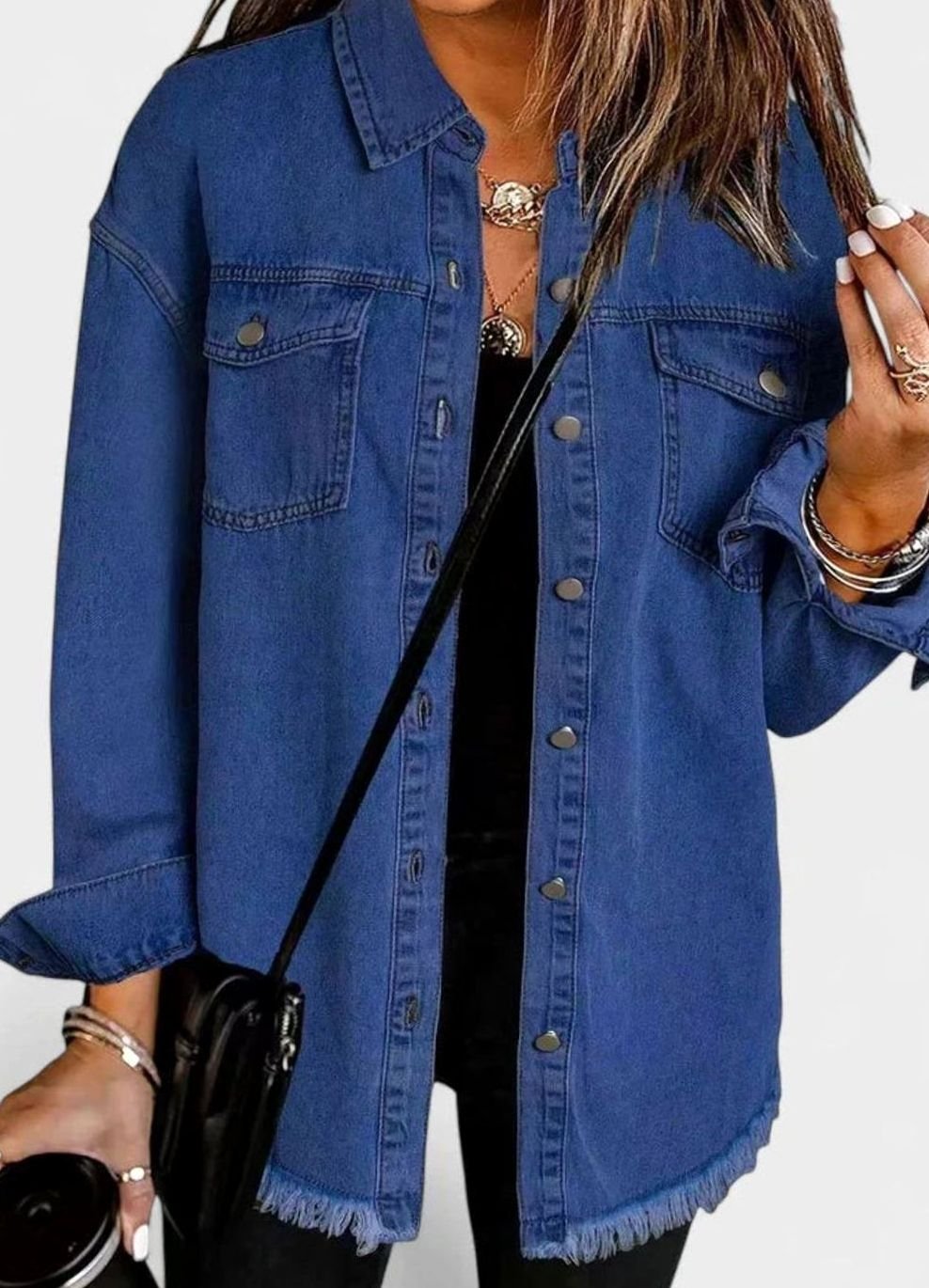 Women's Comfortable Winter Coat Oversized Denim Shacket - Dark Blue