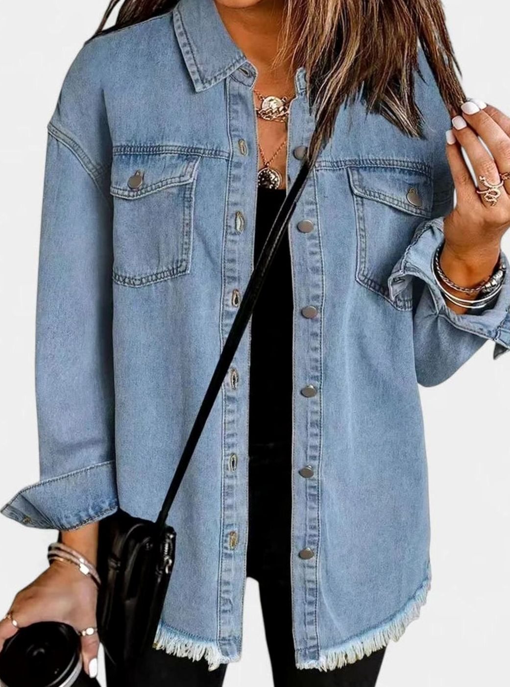 Women's Comfortable Winter Coat Oversized Denim Shacket - Light Blue
