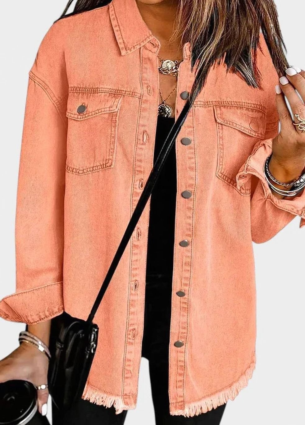Women's Comfortable Winter Coat Oversized Denim Shacket - Peach