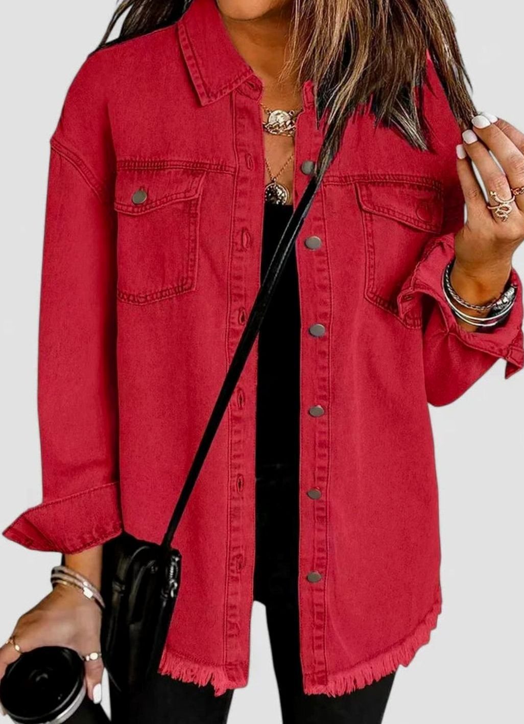 Women's Comfortable Winter Coat Oversized Denim Shacket - Red