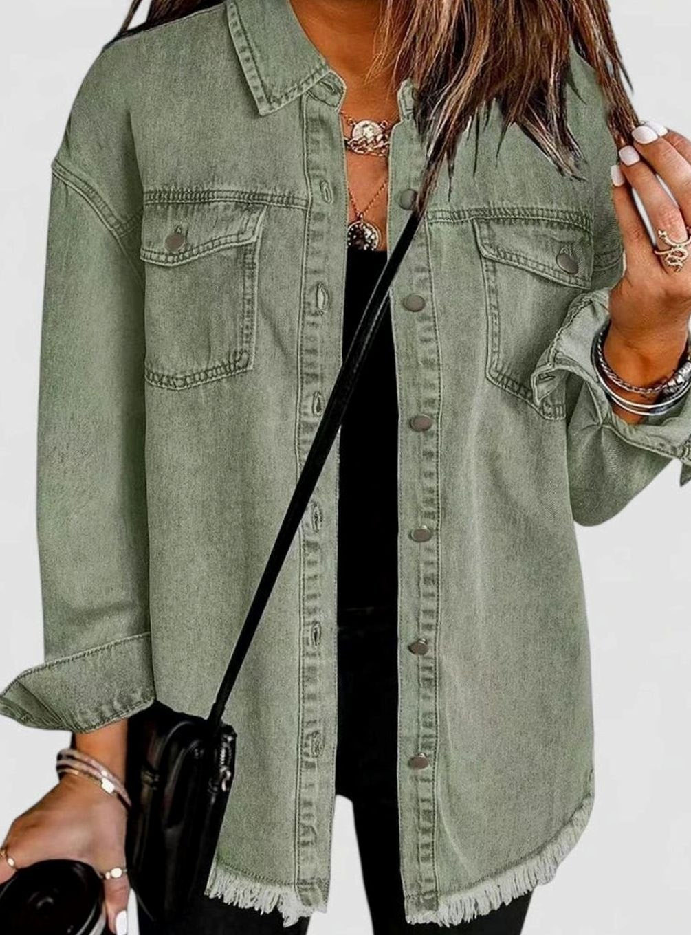 Women's Comfortable Winter Coat Oversized Denim Shacket - Olive Green