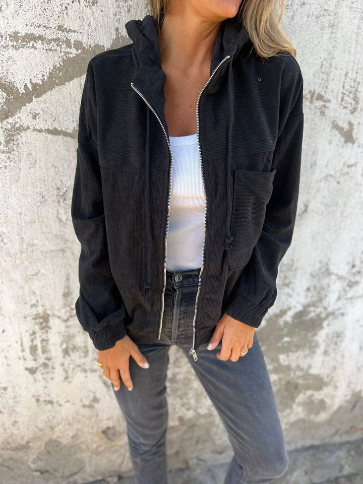 Women's Corduroy Hooded Zip-Up Quilted Jacket Women Oversized - Black