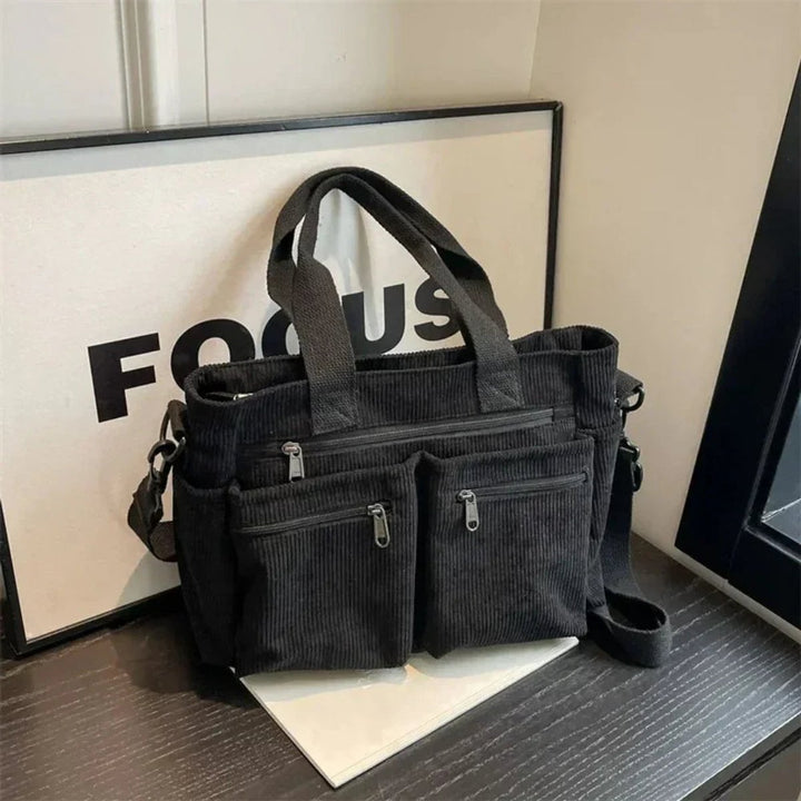 Women's Corduroy Multi-Pocket Shoulder Tote Bag - Schwarz