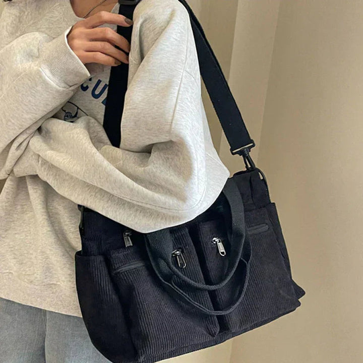 Women's Corduroy Multi-Pocket Shoulder Tote Bag