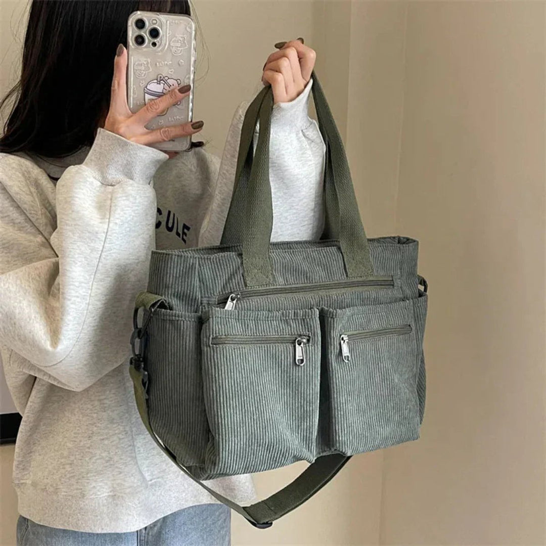 Women's Corduroy Multi-Pocket Shoulder Tote Bag