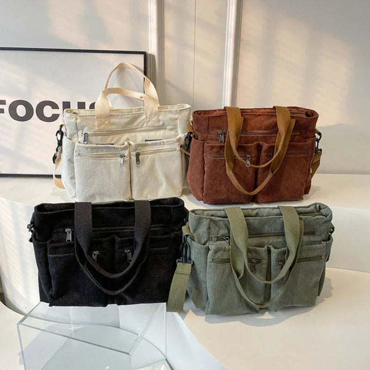 Women's Corduroy Multi-Pocket Shoulder Tote Bag