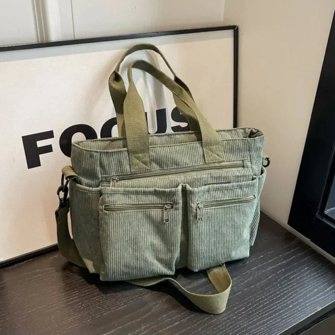 Women's Corduroy Multi-Pocket Shoulder Tote Bag - Grün