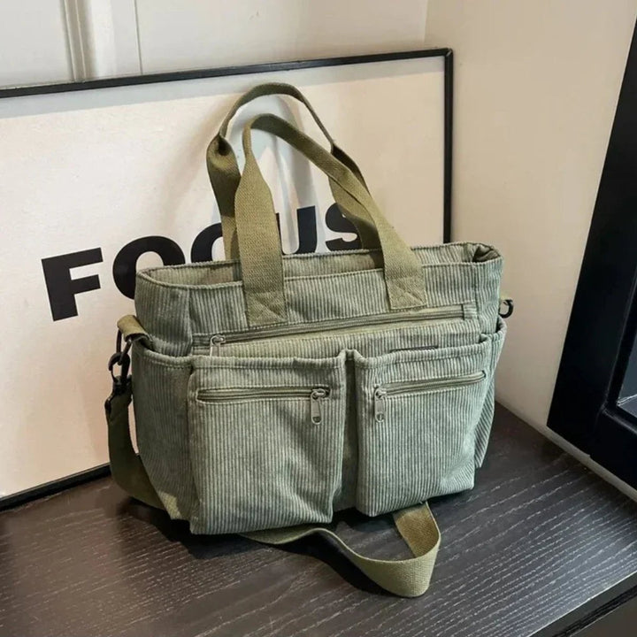 Women's Corduroy Multi-Pocket Shoulder Tote Bag - Grün