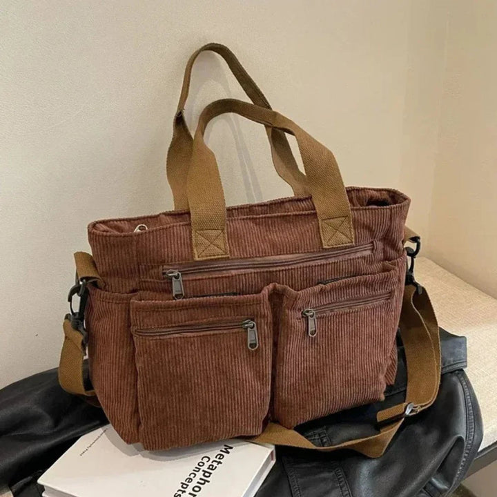 Women's Corduroy Multi-Pocket Shoulder Tote Bag - Braun