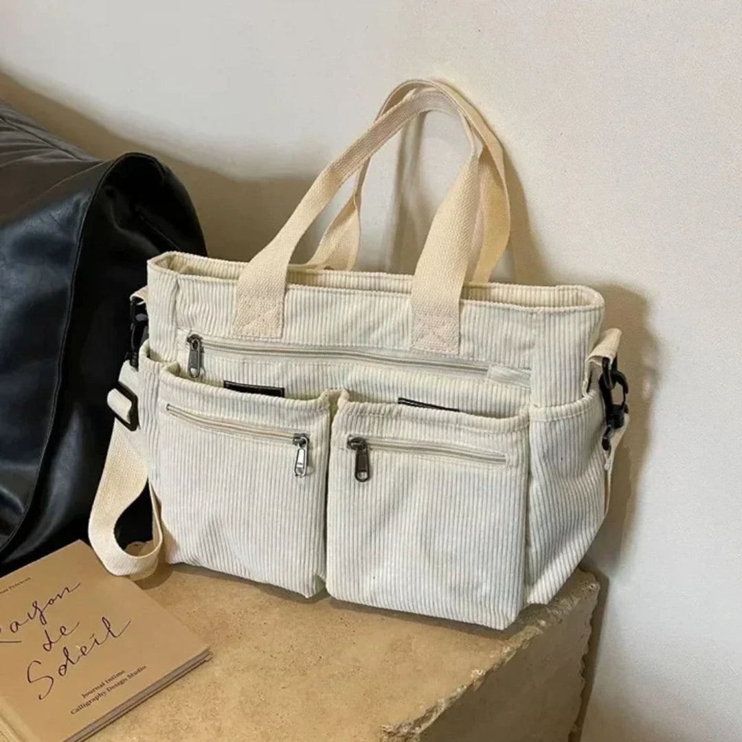 Women's Corduroy Multi-Pocket Shoulder Tote Bag - Beige