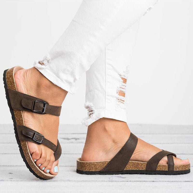 Women's Cork Footbed Toe-Loop Buckle Flat Sandals