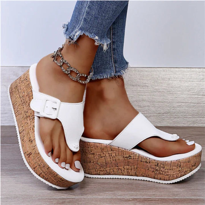 Women's Cork Wedge Thong Comfortable Sandals Buckle Platform - White