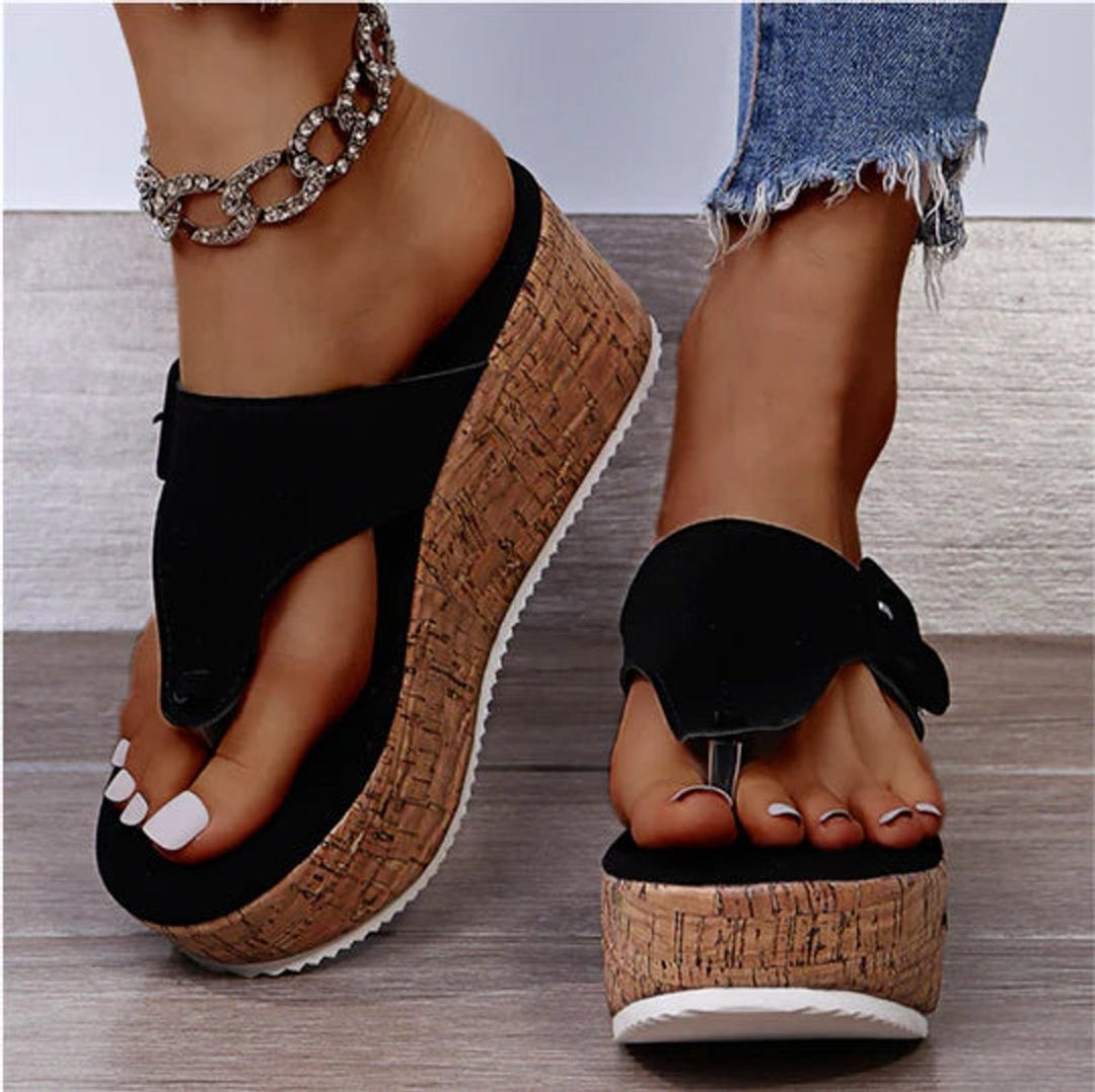 Women's Cork Wedge Thong Comfortable Sandals Buckle Platform - Black