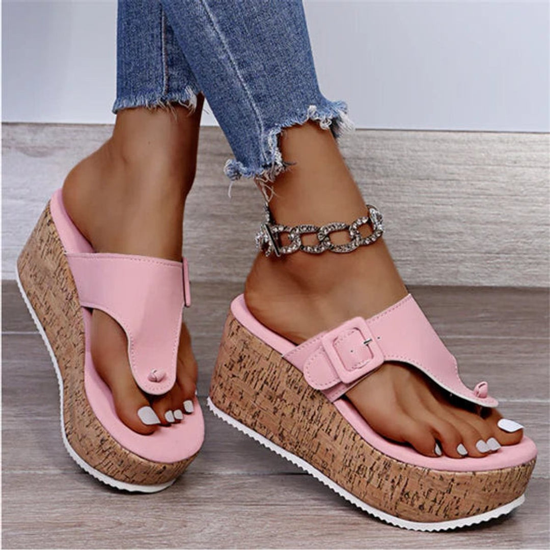 Women's Cork Wedge Thong Comfortable Sandals Buckle Platform - Pink