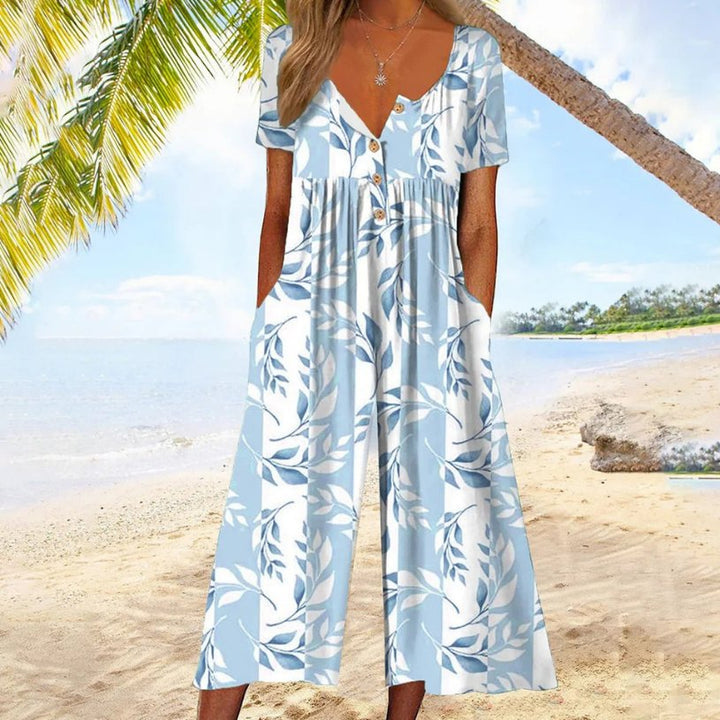 Women's Cotton Button-Front Short-Sleeve Culotte Jumpsuit - Light Blue