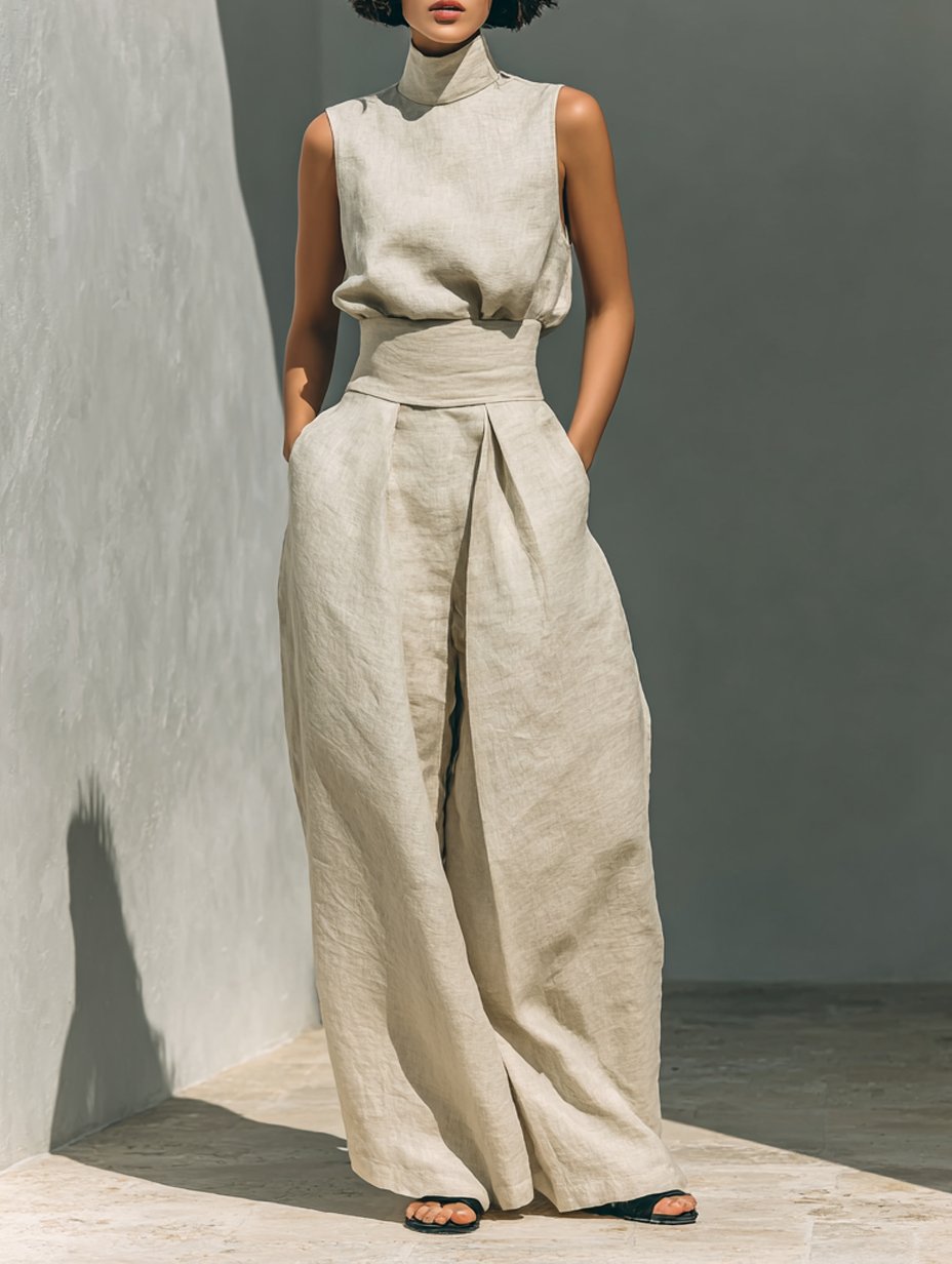 Women's Cotton-Linen High-Neck Sleeveless Blouse Wide-Leg Pants Set - Khaki